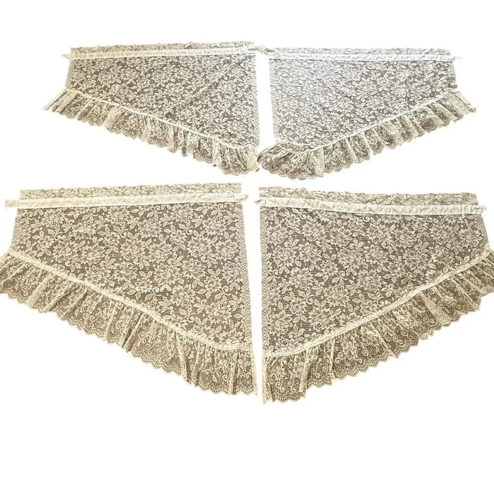 Vintage 4 Panels Burlington Floral Lace Triangle Valances Ruffle Trim Off White